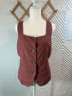 LC Lauren Conrad squared neckline linen blend Rust Sleeveless Button-Front Vest